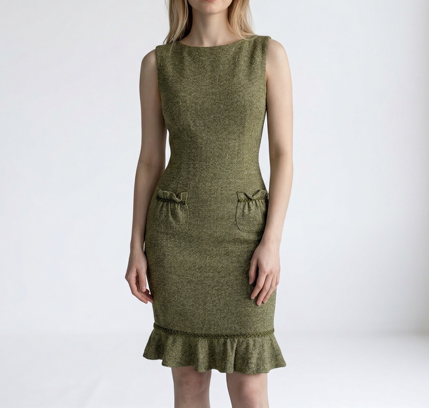 David Meister Olive Green Wool Boucle Ruffle Hem Sleeveless Sheath Dress 6