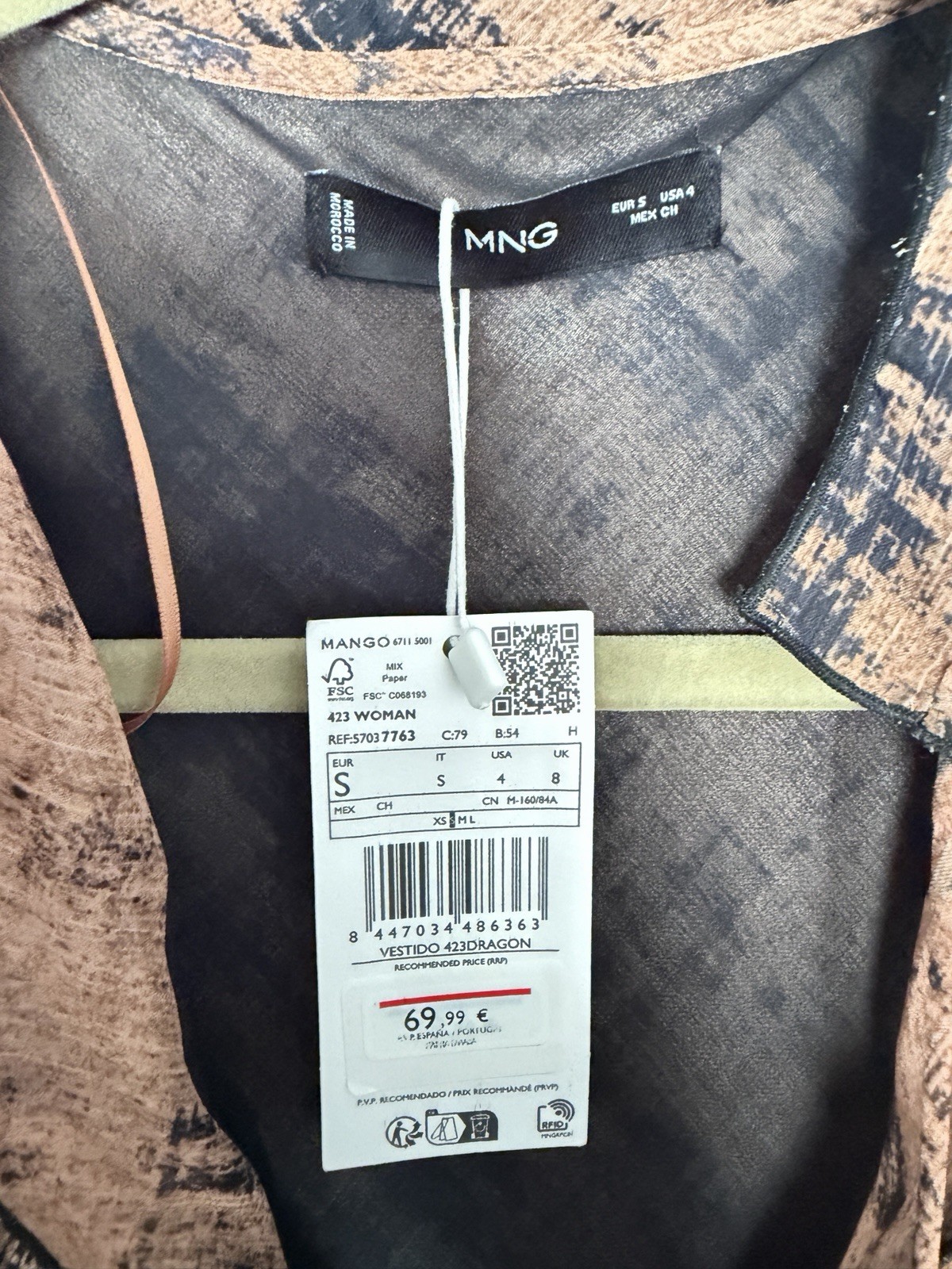 MANGO Women’s Brown/Black Abstract Chiffon Maxi Dress High Neck Zip S