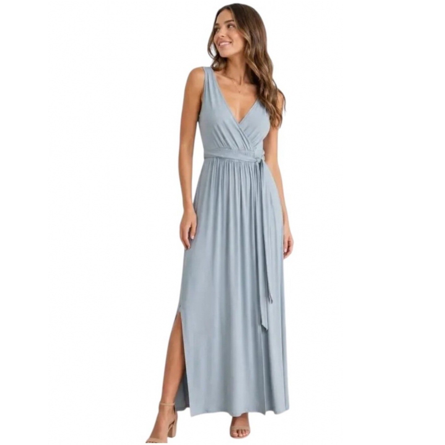 NWT Lulus Dusty Mint Jersey Knit Surplice Sleeveless Tie Waist Maxi Dress Sz XS