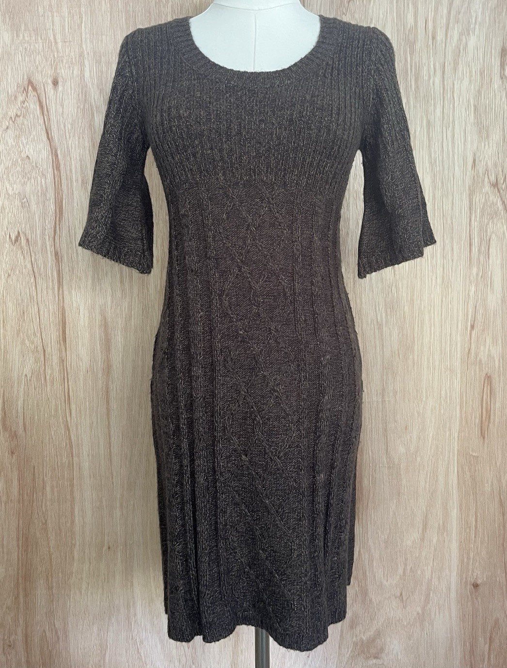 Pink Republic Brown Knit Sweater Bodycon Dress Bell Sleeve Rib Cable Size S Y2K