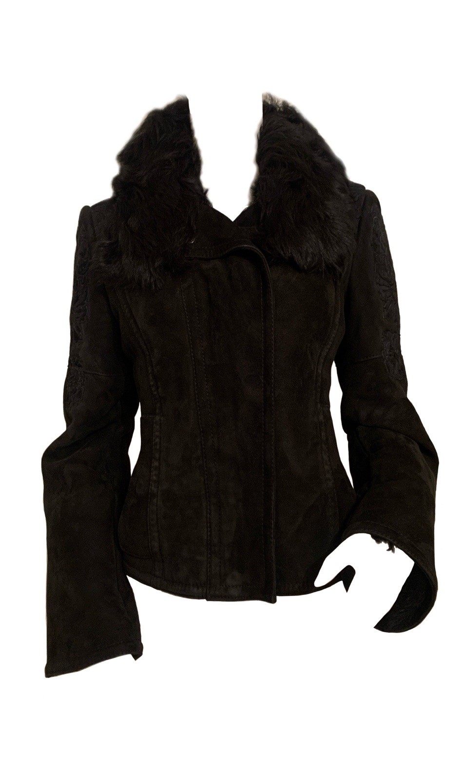 GUCCI TOM FORD Black Fur Suede Shearling Detailed Embroidered Jacket Coat 42