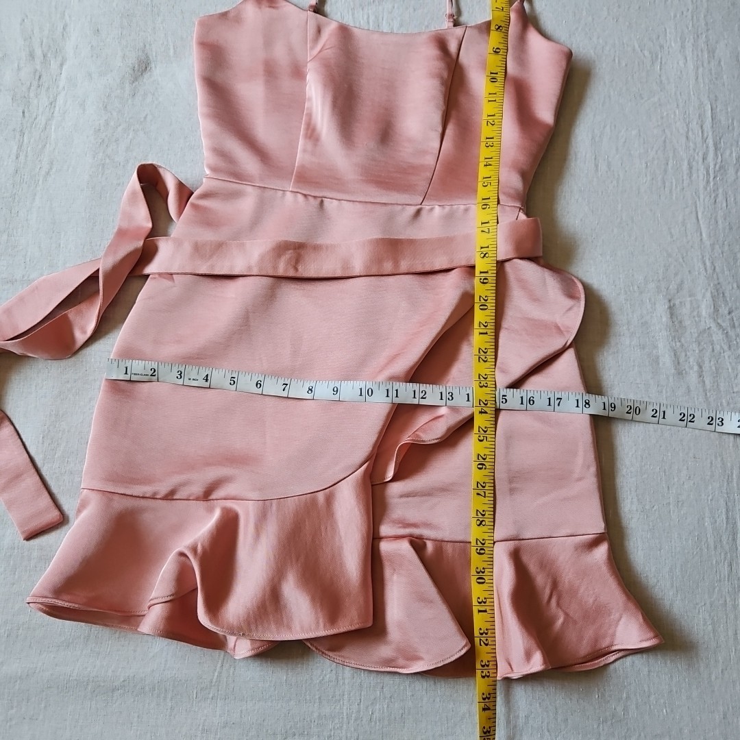 Lulus Salmon Pink Satin Wrapped Ruffle Strappy Belted Mini-Dress Size XS