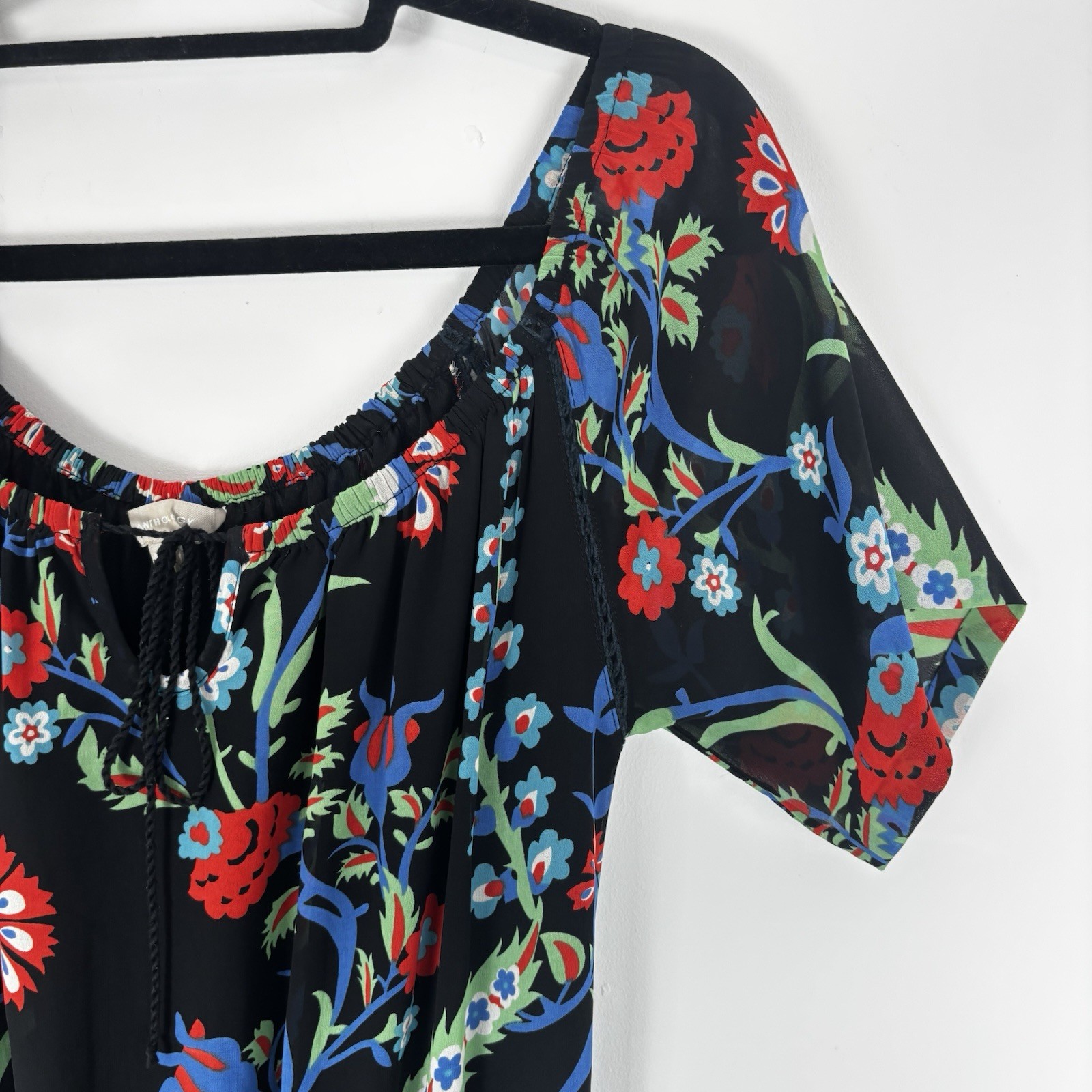 Anthology Black Floral Midi Dress Boho Western Size 10 Tassle Neck Sheer