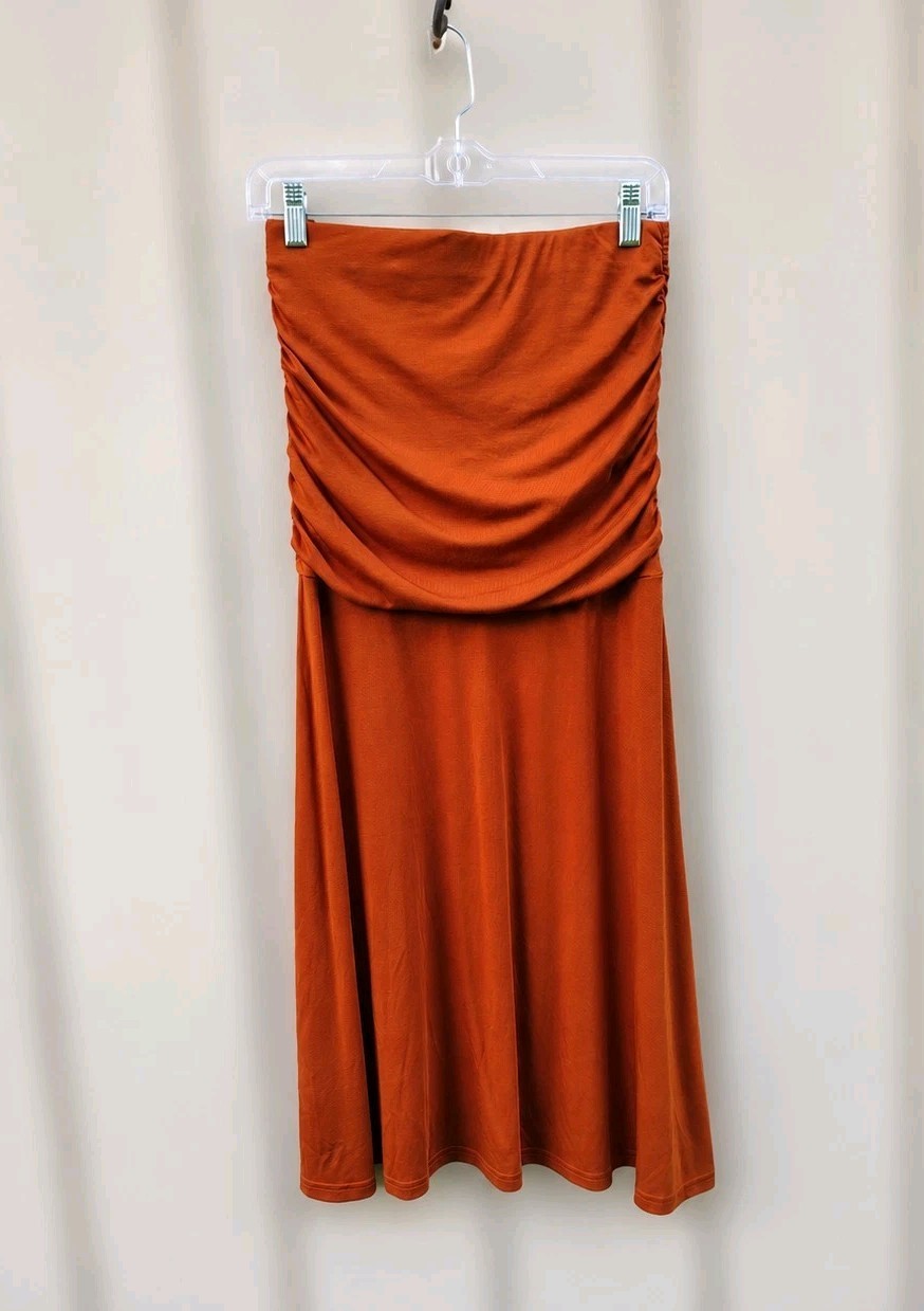 OGL Burnt Orange Ruched Strapless Midi Dress/Skirt S Versatile Stretch Tencel