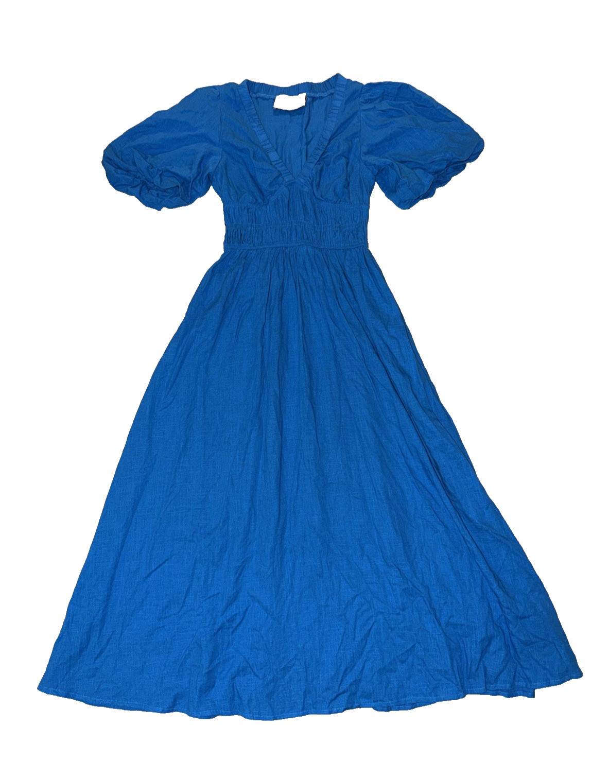 White Closet Elements Maxi Linen Dress Size XS V-Neck Blue Boho Country Smocked
