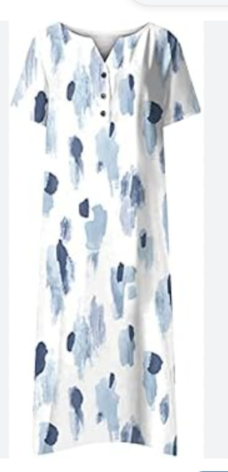 White Blue Abstract V-Neck Button Front Short Sleeve Long Shift Dress Pockets M