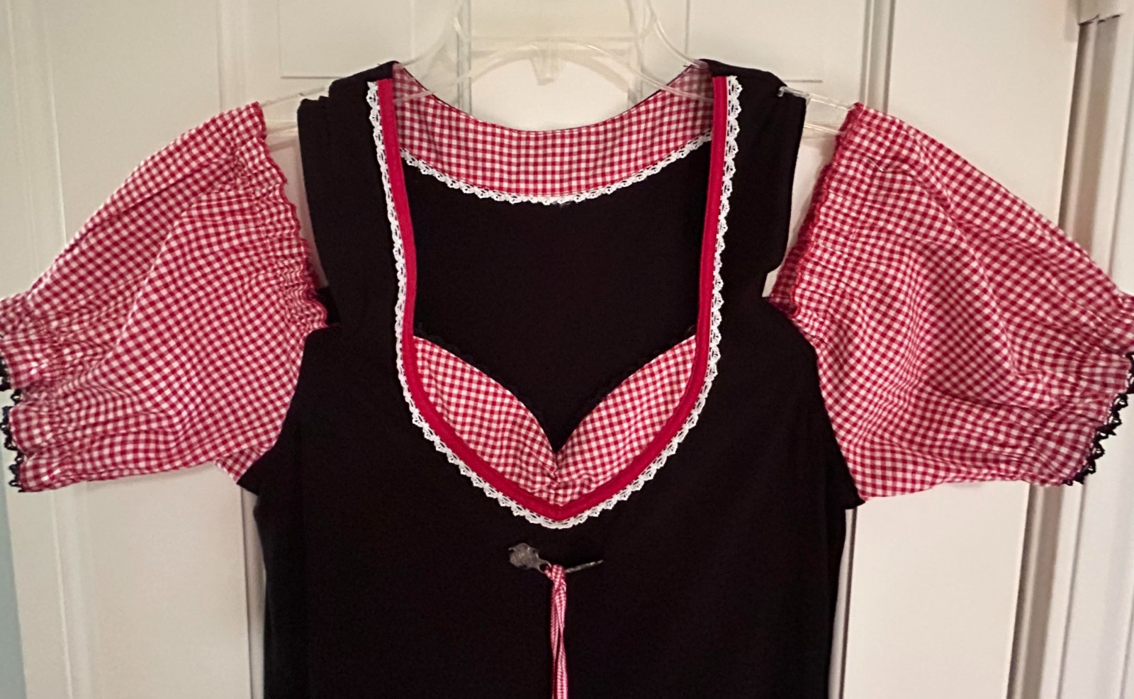 Oktoberfest Dirndl 2 pc Short Black/Red Check Off the Shoulder V-Neck Dress