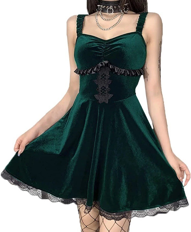 Gothic Retro Green Velvet Dress Medium Lace Butterflies Steampunk Party Fairy