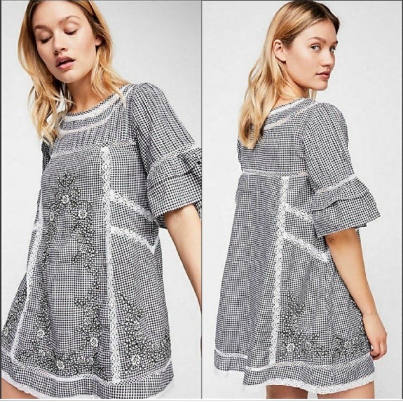 Free People Sunny Day Gingham Embroidered Floral Babydoll Dress Sz M Cottagecore