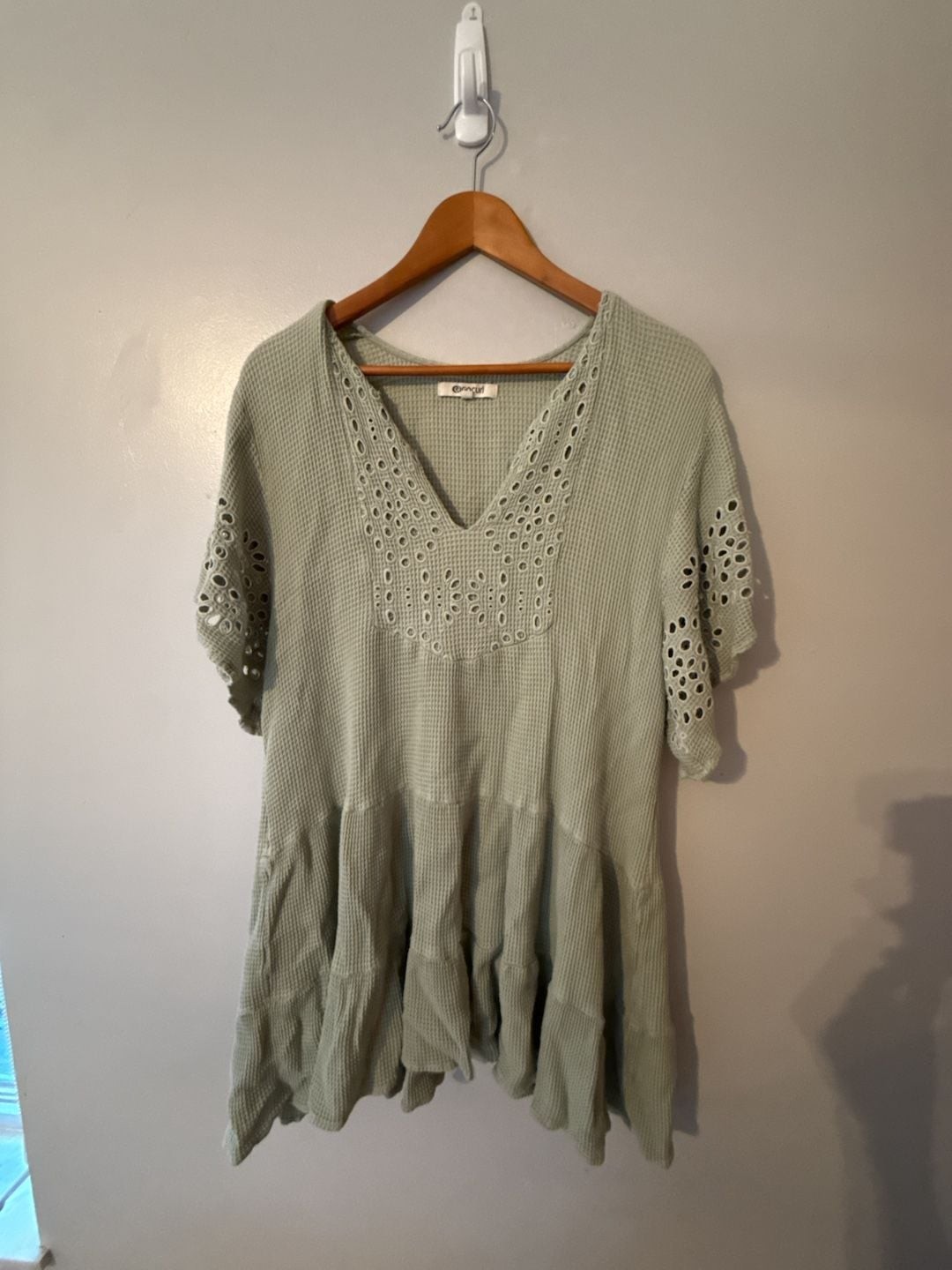 Rip Curl Sage Green Waffle Knit Eyelet Detail Tiered Tunic Mini Dress