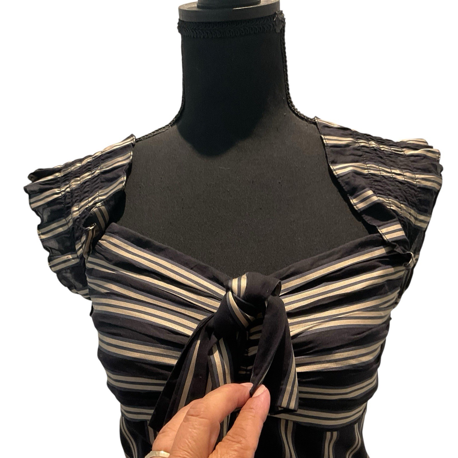 Caroline Constas Tiered High- Low Layered Dress Striped Bow Ruffle Brown Small