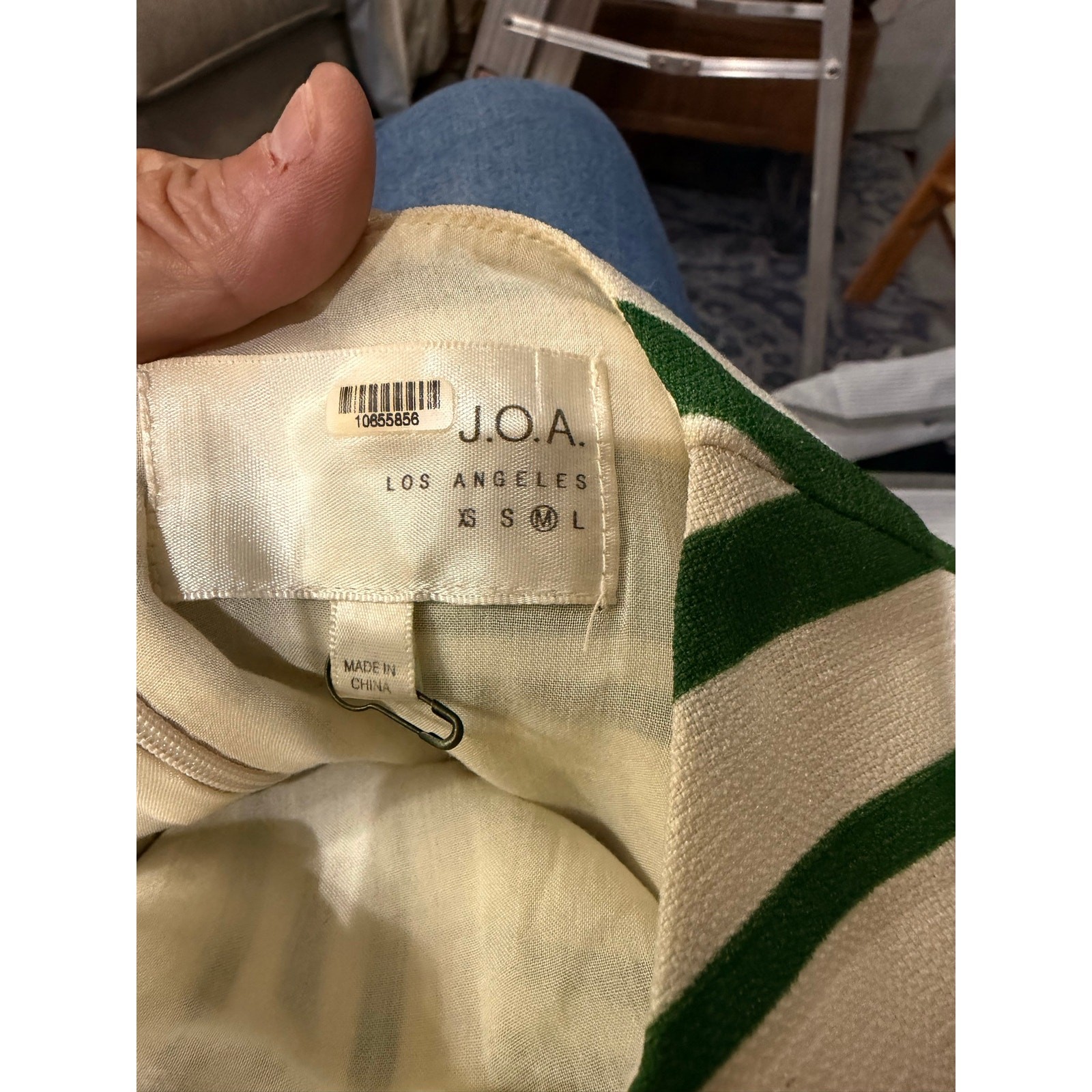 J.O.A. Faustina Green and Cream Striped Midi Wrap Dress.
