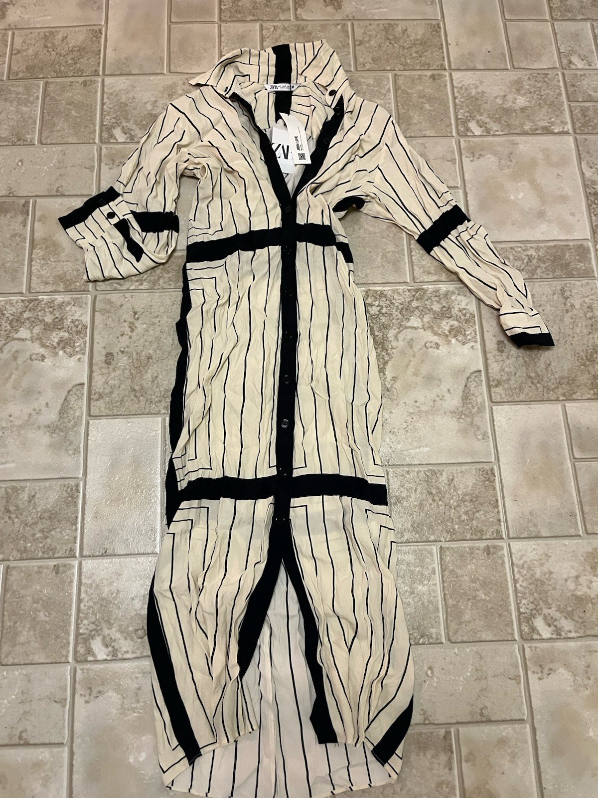 Nwt Zara Small Cream White And Black Stripe Dress Button Front Midi To Maxi