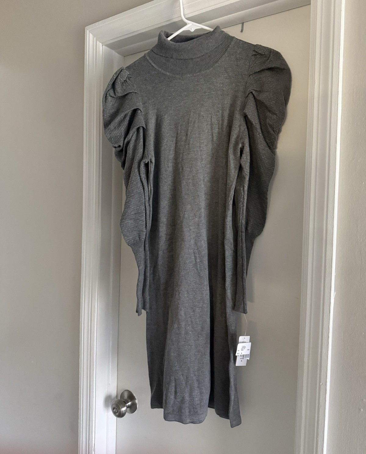 Glamour Gray Solid Knit Sweater Dress Mock Neck Puff Sleeve Knee Length S
