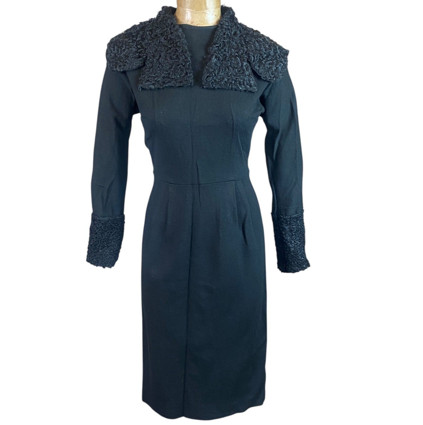VTG Jo Mor Long Sleeve Dress Shearling Cuffs-&-Detached Collar XS/S Black #309G
