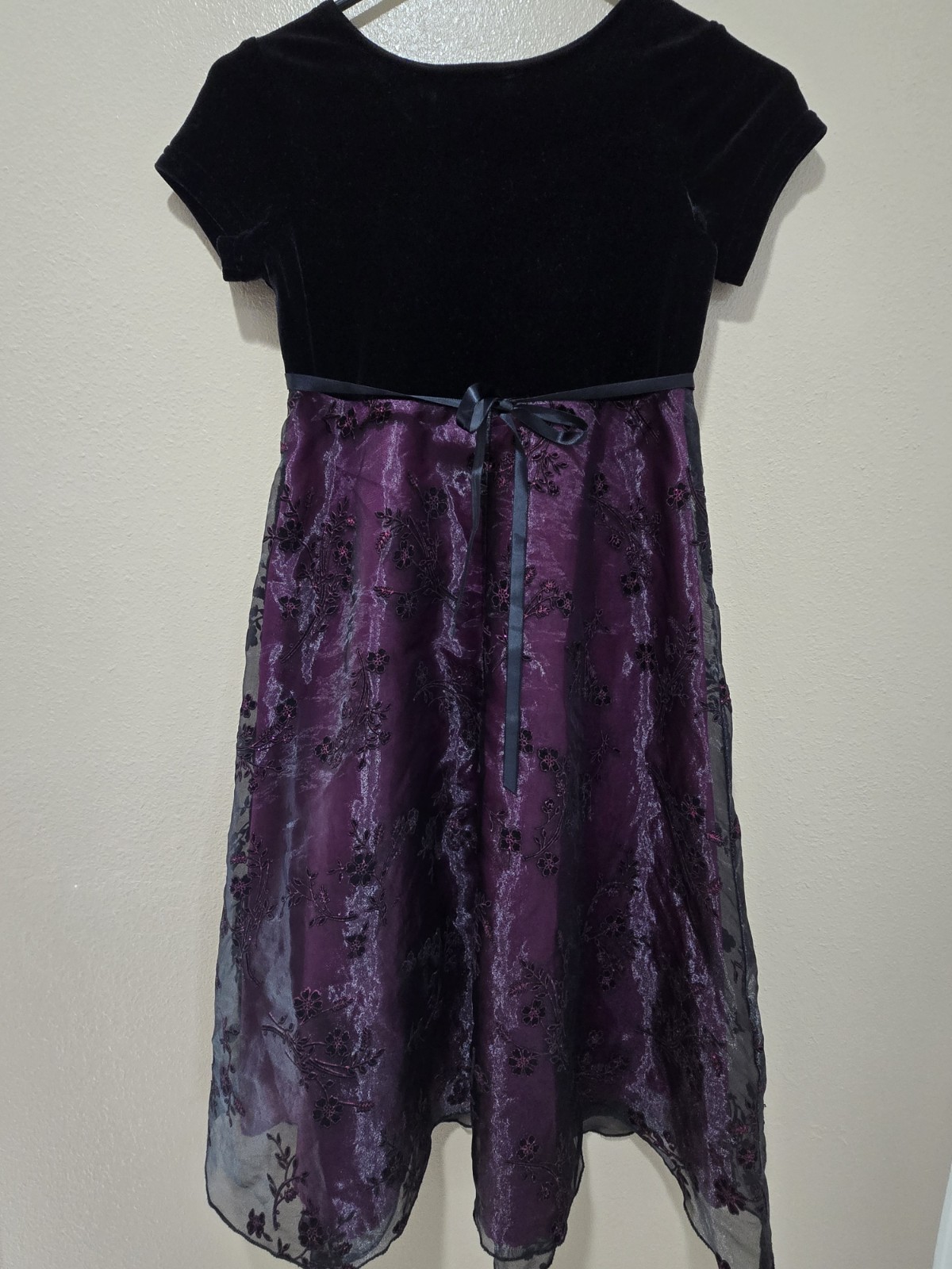Rose Cottage Black Purple Velvet Embroidered Floral A-Line Dress Child’s Size 10