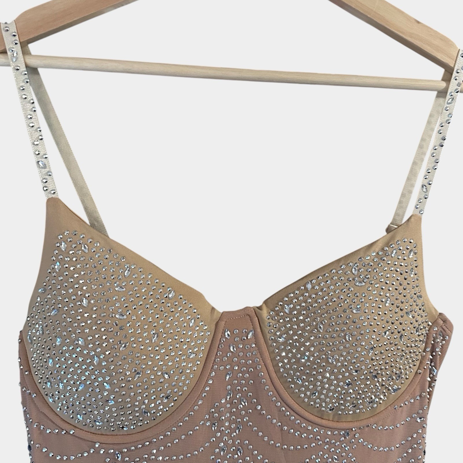 Dress Mermaid V-Neck Mesh-Inset Glitter-Print Gown Beige Size S-M Stretch Straps