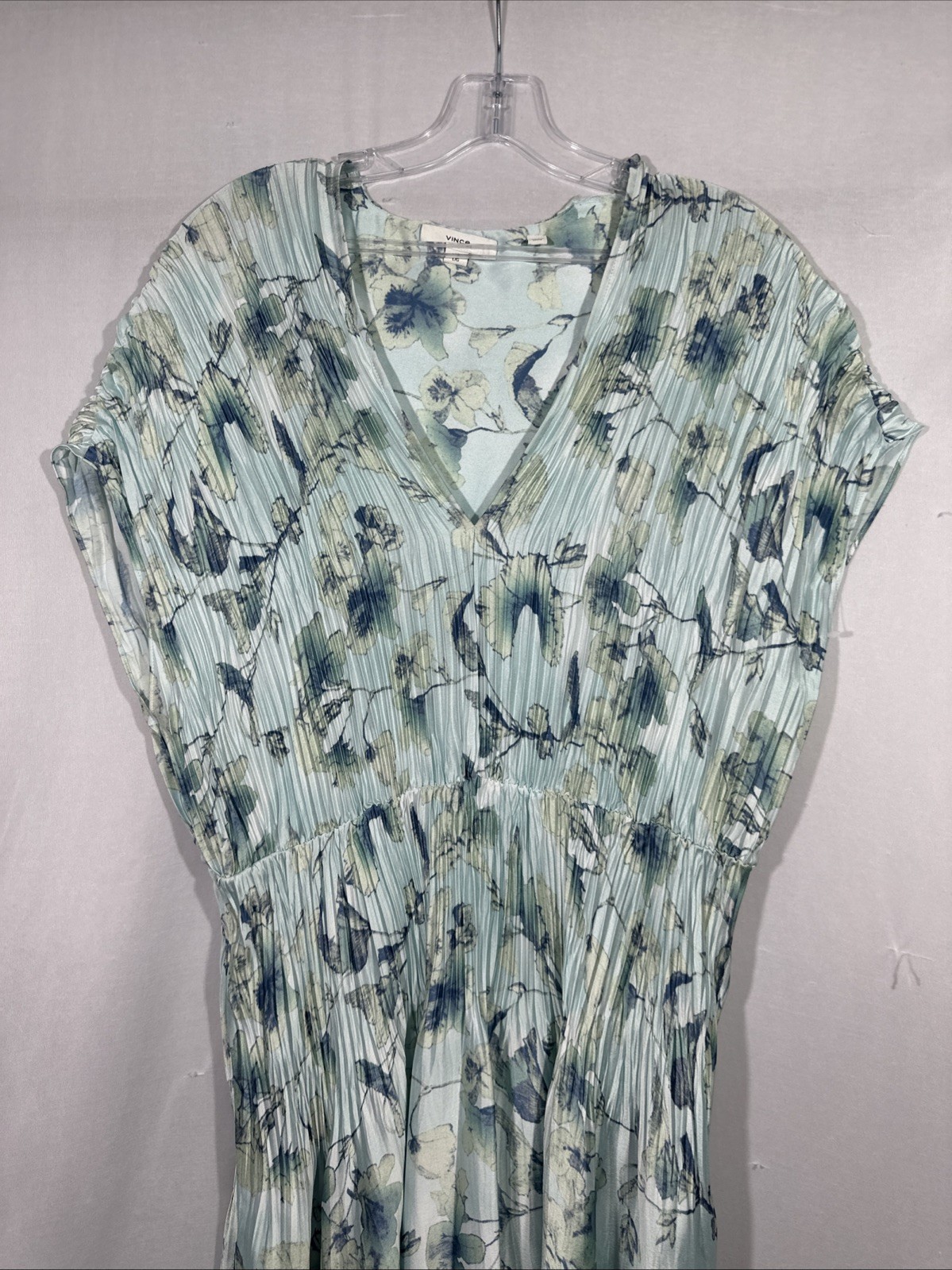 NEW VINCE [ Large ] Flora Crushed Cap Sleeve V-Neck Dress in Blue Floral U1710