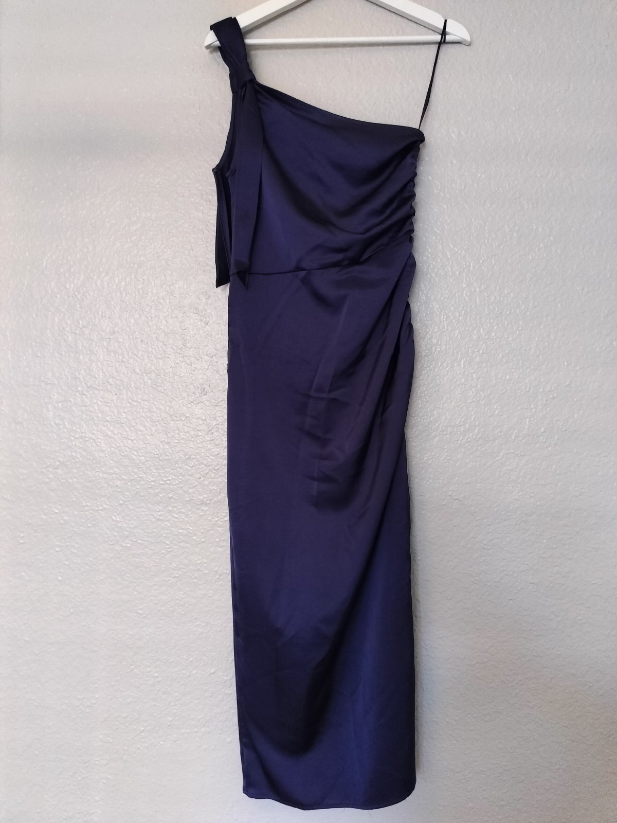 NWT Mango Safira One Shoulder Satin Dress Midnight Blue Midi Wedding Guest S