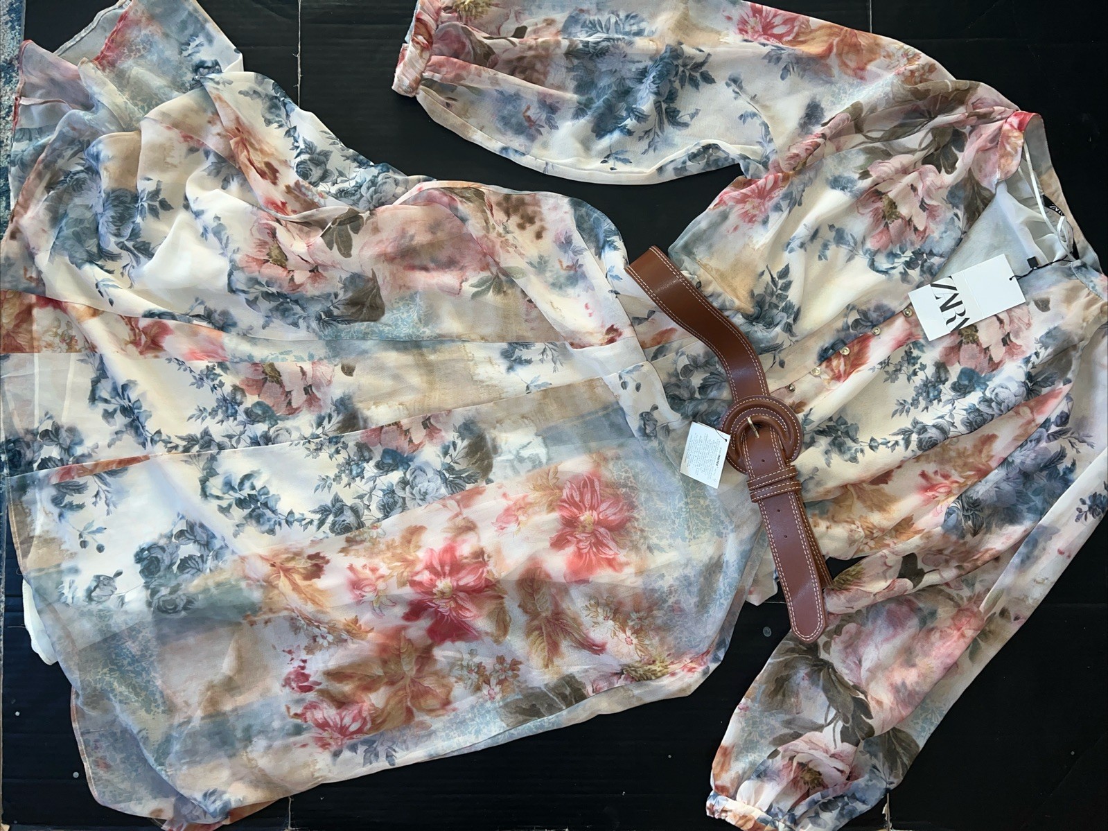 NWT Zara L BELTED MIDI DRESS FLORAL PRINT CREAM BLUE PINK RED GREEN CHIFFON