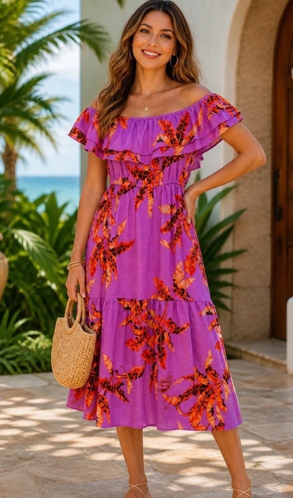 NWT Sofia Vergara Purple Orange Tropical Midi Dress Off Shoulder Ruffle XL