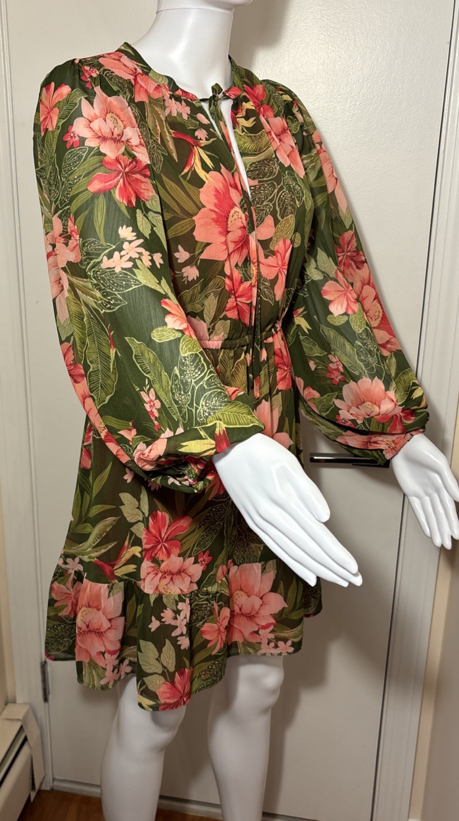 Sugarlips Dress Mini Size S Pink Olive Floral Paxton Long Balloon Sleeve NWT