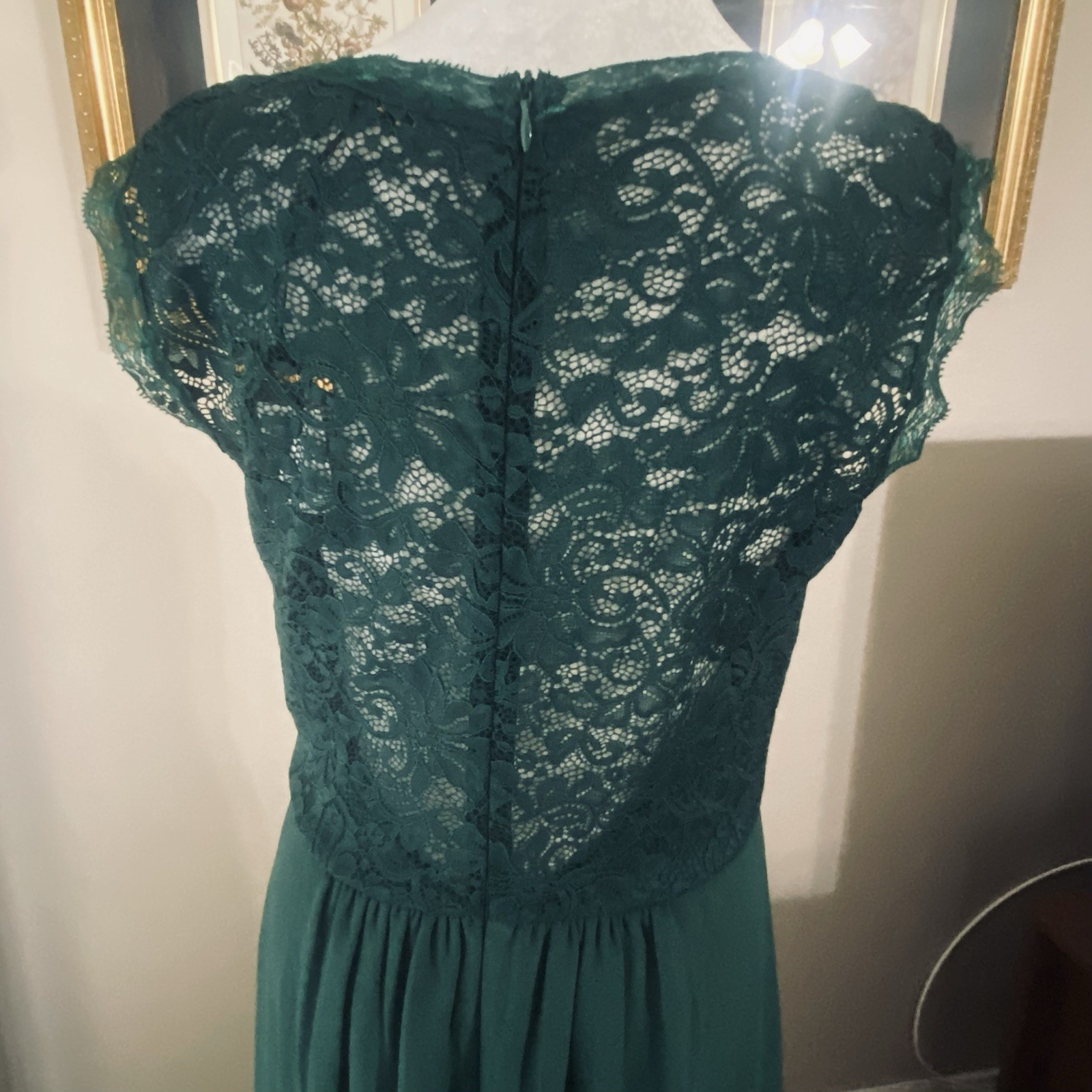 NWT Miusol Dark Green Sz L Evening Gown Lace Bodice Crepe Skirt Sleeveless Lined