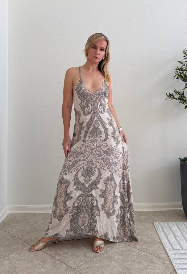 Hale Bob Paisley Halter Maxi Dress Women’s S Taupe Cream Boho Resort Stretch