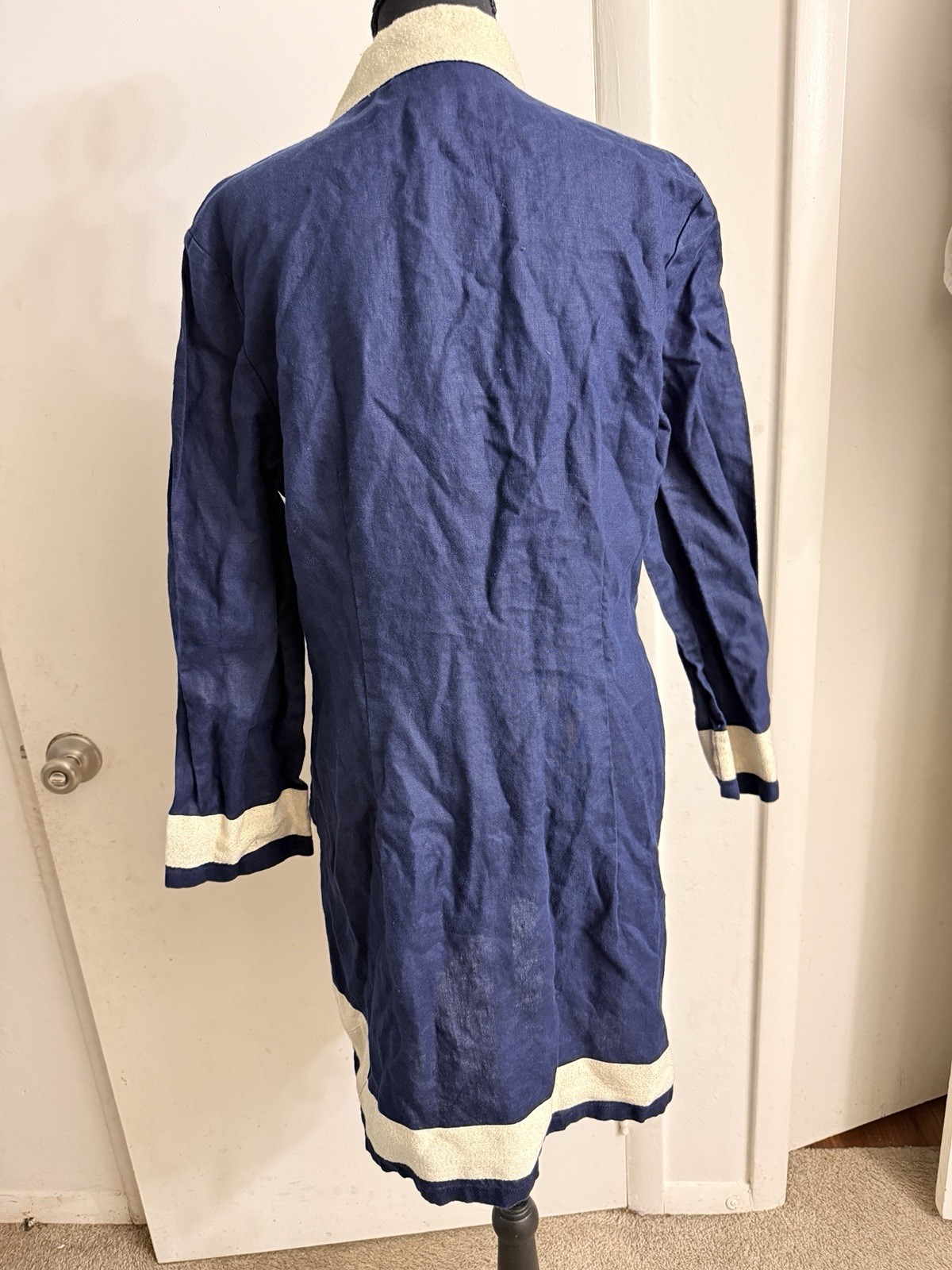 Sail to Sable Navy Blue linen Gold Embroidered Collar Cuff Tunic Dress Sz L EUC