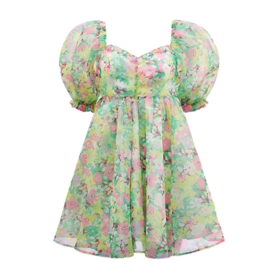 SHEIN Sweetheart Neck Puff Sleeve Organza Dress Green