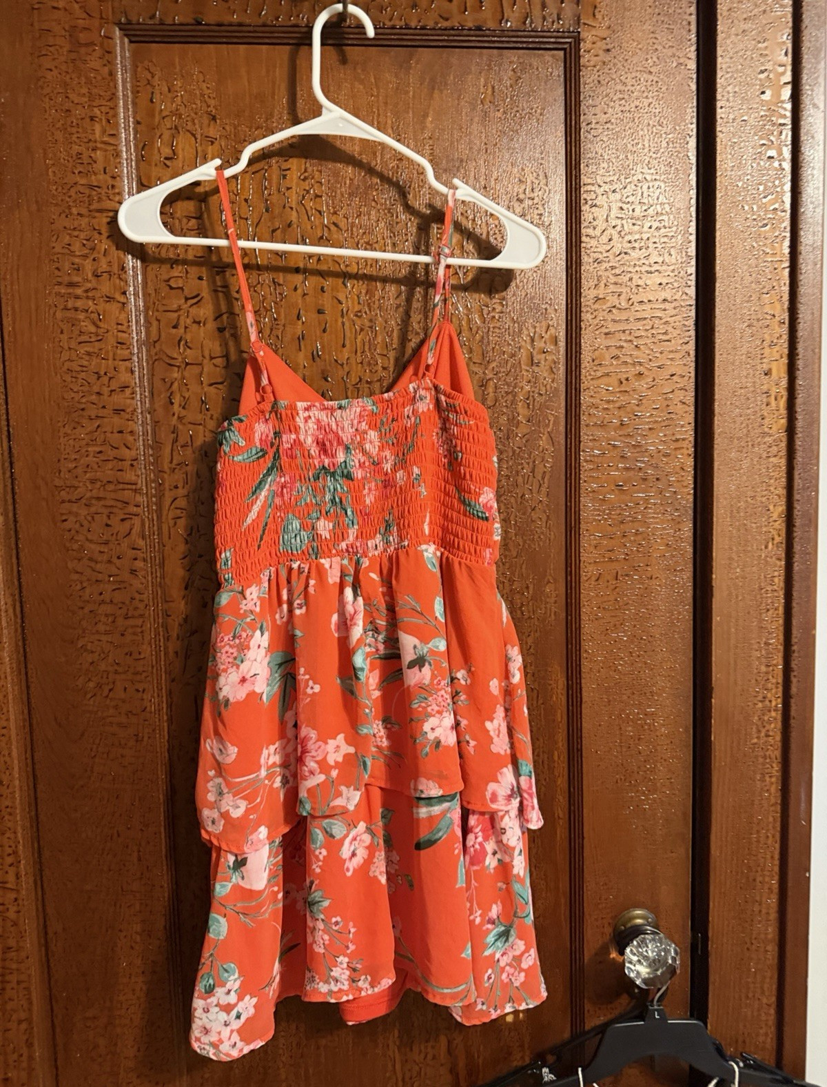 Lily Rose Women’s M Orange Floral Smocked V-Neck Strappy Short Sundress