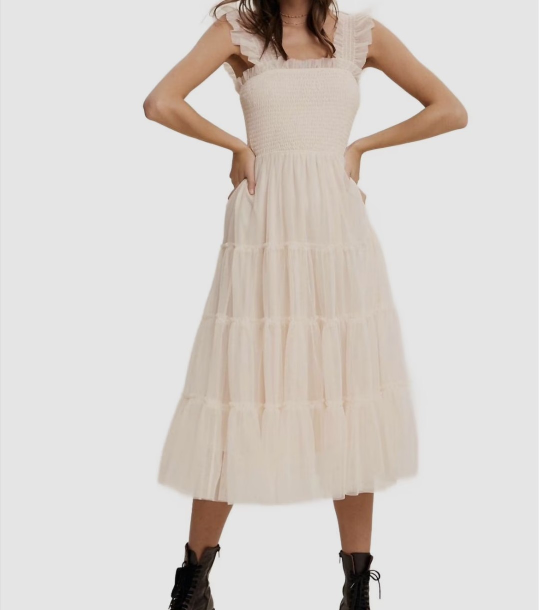Listicle Tiered Tulle Midi Dress Bone Womens Small Coquette Fairy Soft Girl NEW