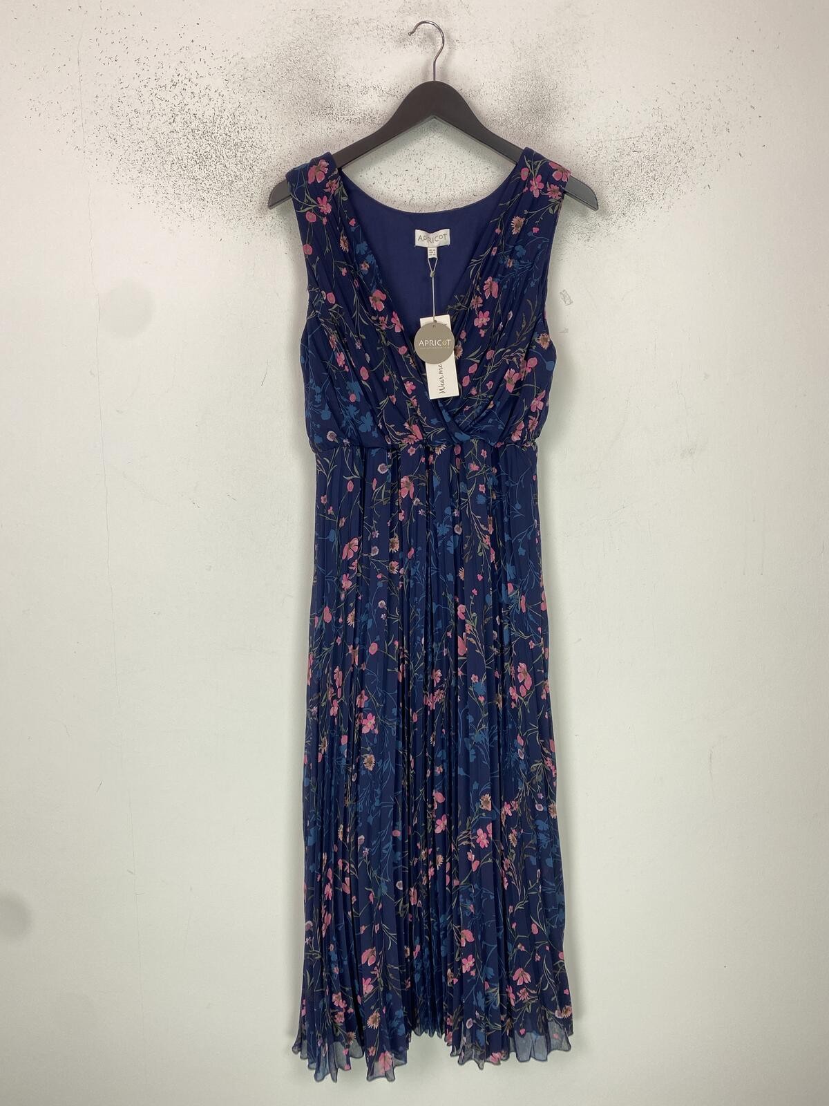 Apricot Blue Floral Midi Dress Sleeveless Pleated UK 14 NEW