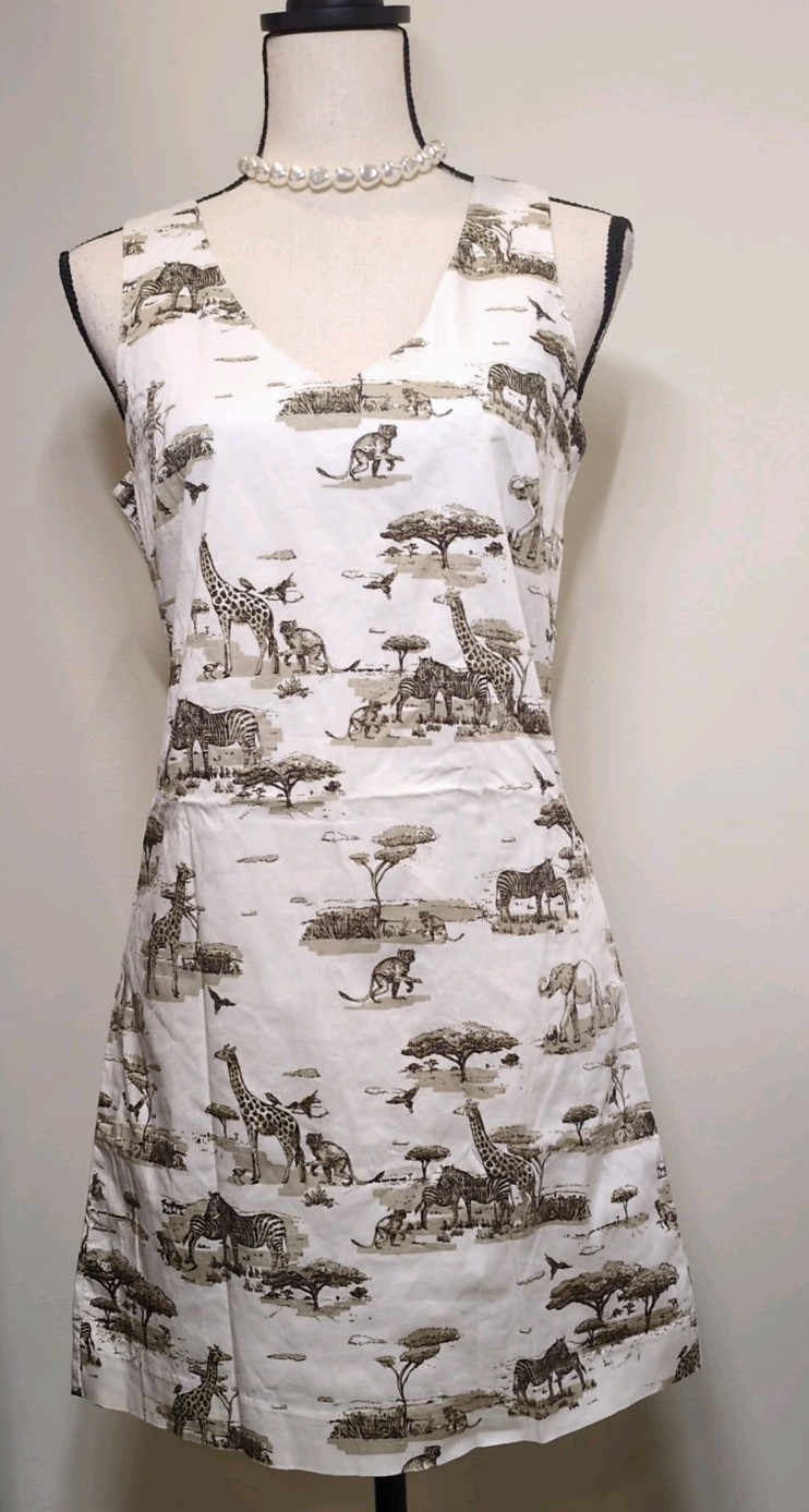 Banana Republic 6 S Safari Shift Dress White Tan Africa Animals Halter V-Neck