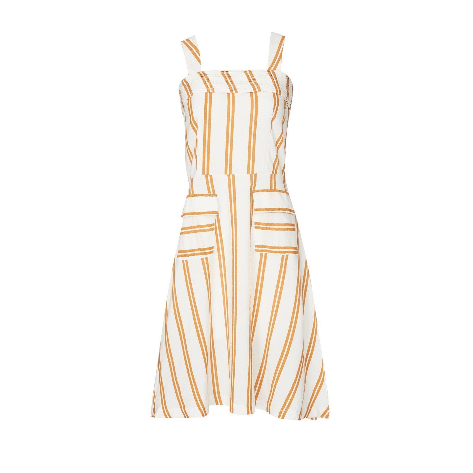 SANCIA Maise Dress White Mustard Yellow Striped Linen Blend Midi Sun Dress- S
