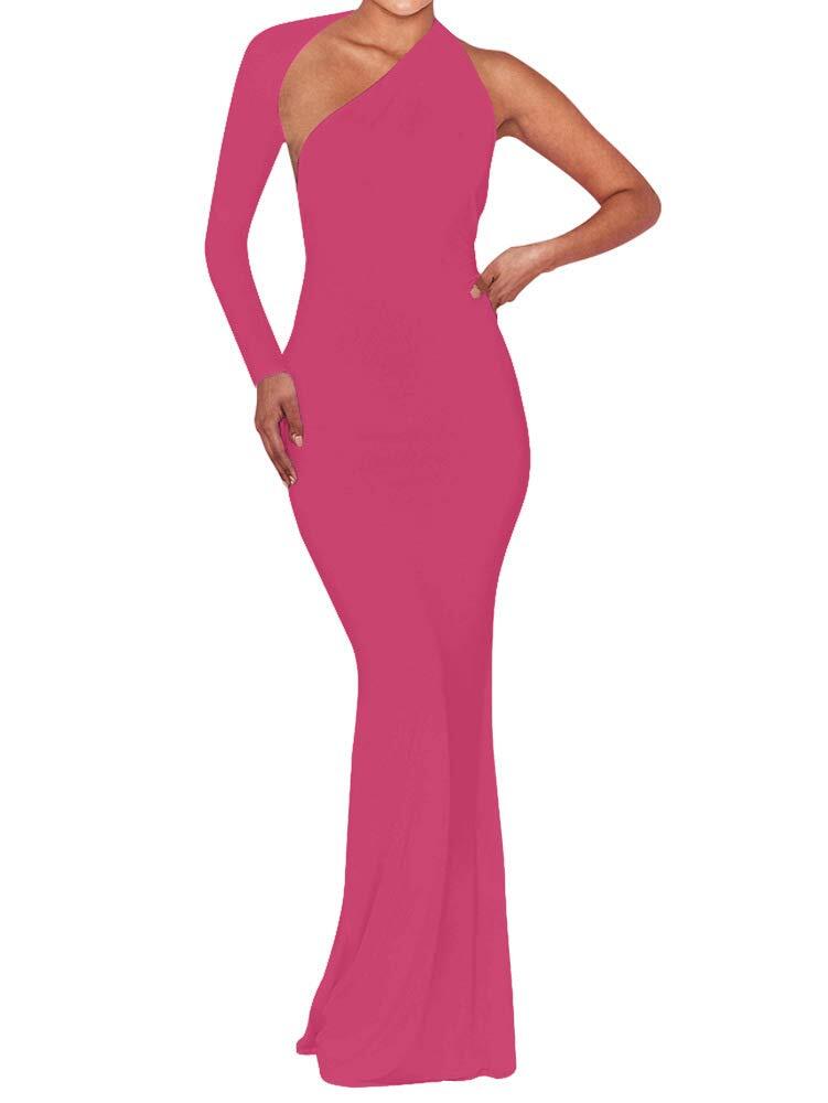 BEAGIMEG Womens Sexy Elegant One Shoulder Backless Evening Long Dress Rose Small