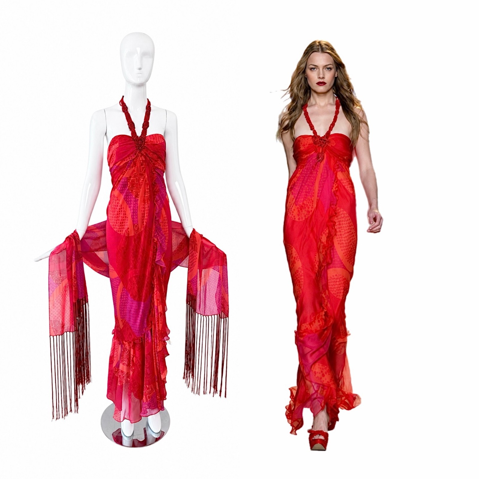 ICEBERG 2006 Vintage Runway Silk Embellished Ruffle Gown + Shawl Maxi Dress