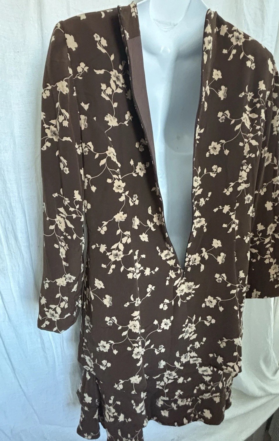 VTG Brown Beige graphic Floral Print Dress 100% Silk Back Zip Tiers PATRICK 14