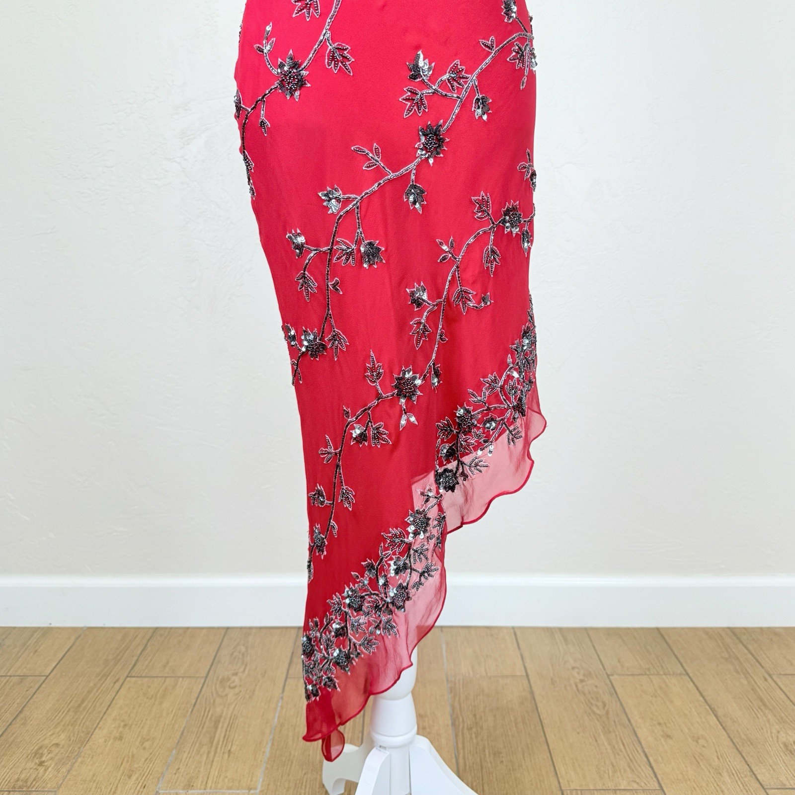 NWT Vintage Scala 1990s Red Silk One Shoulder Beaded Asymmetrical Midi Dress S