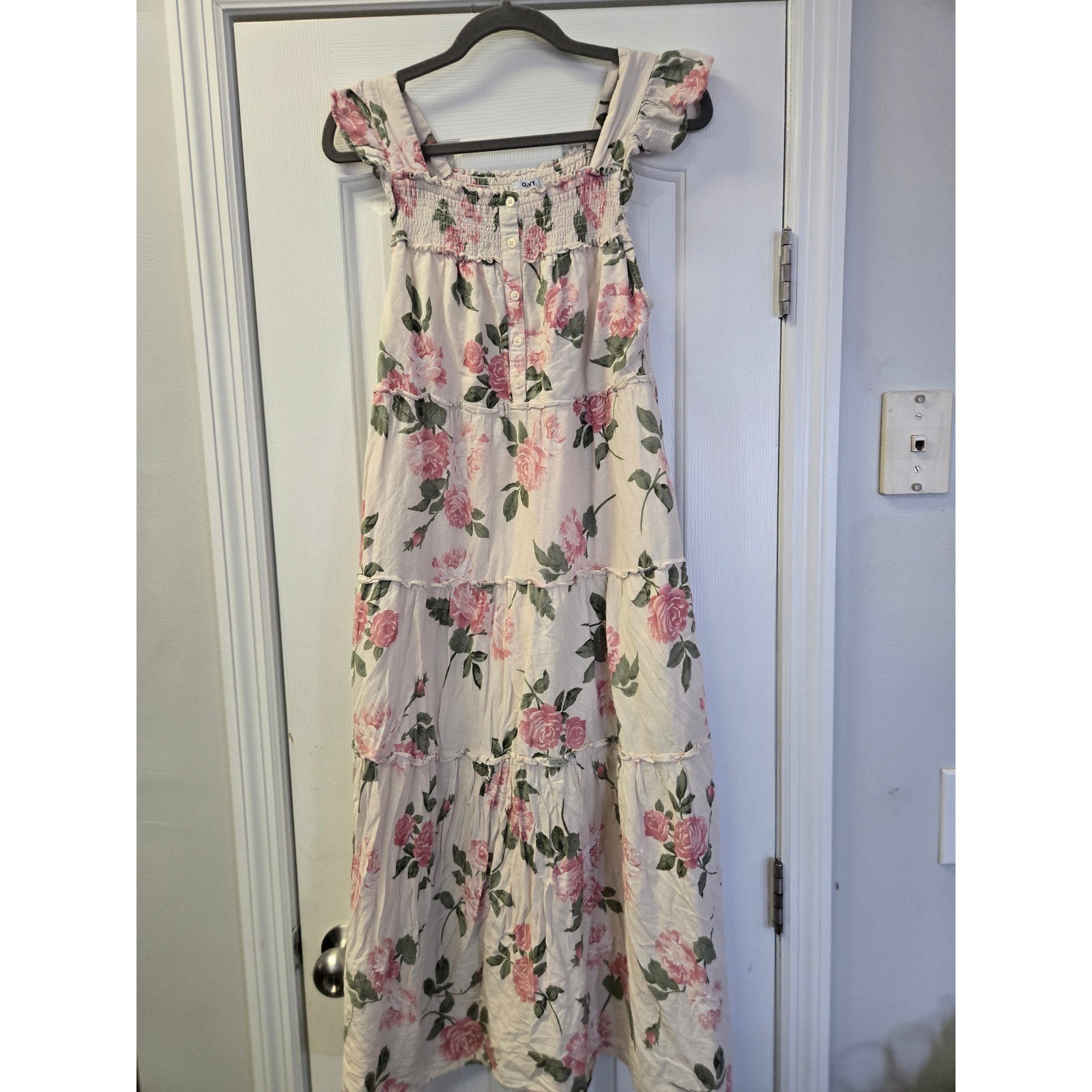 O Pink Floral Smocked Tiered Maxi Dress S Ruffle Flutter Romantic Cottagecore