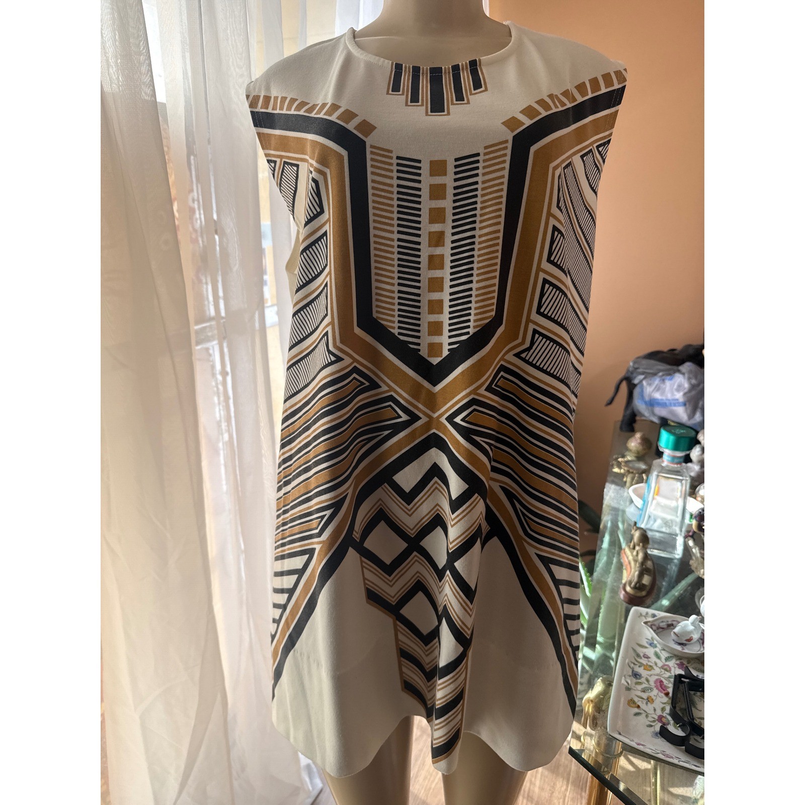 Jordan Geometric Tribal Print Sleeveless Shift Dress Cream Black Gold 3X