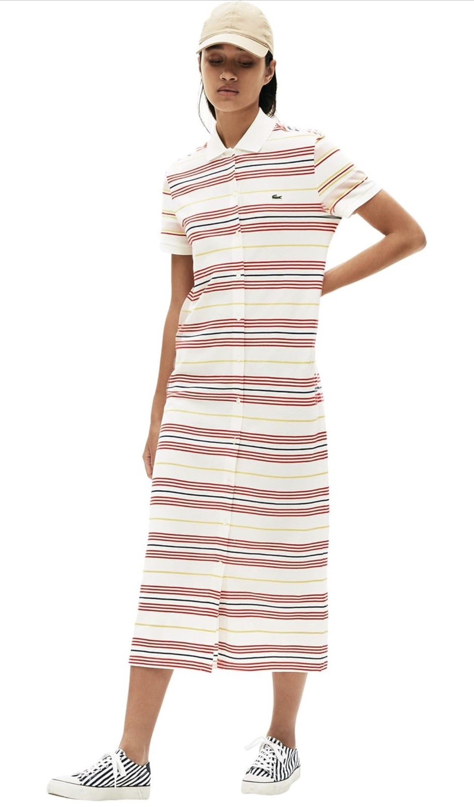 Lacoste Striped Cotton Piqué Long Maxi Button-Up Polo Dress Women’s Size 42
