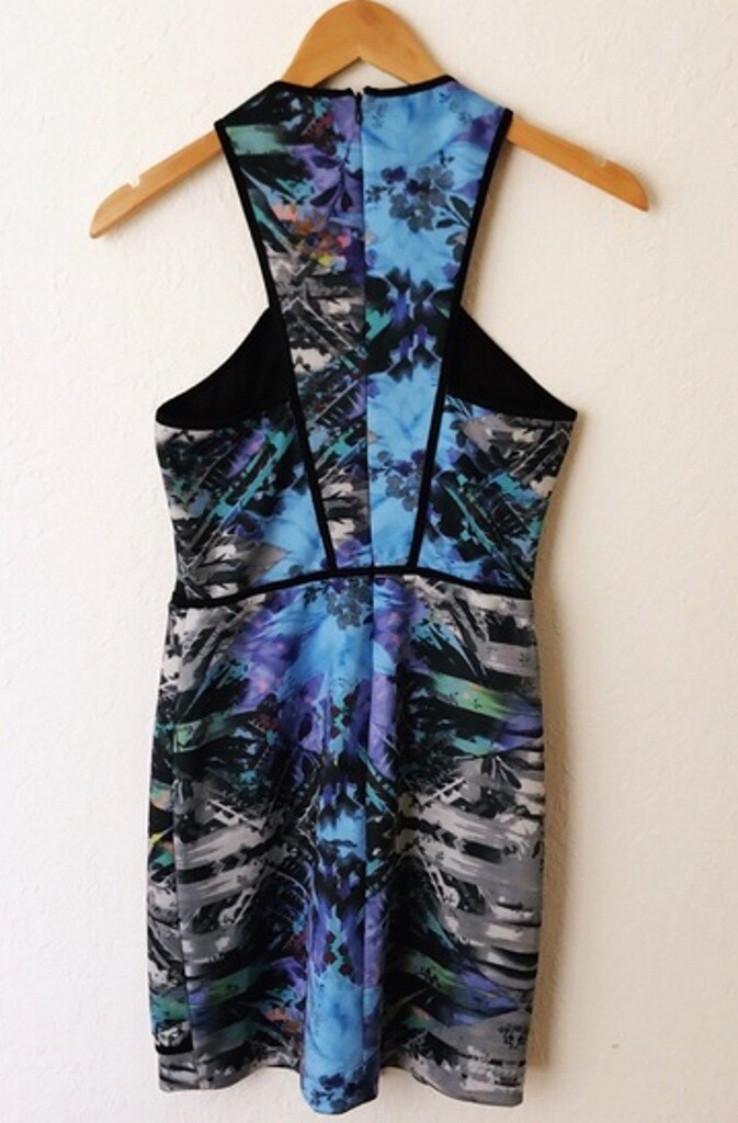 New Parker Blue Multi Tobias Scuba Neoprene Halter Stretch Bodycon Mini Dress M