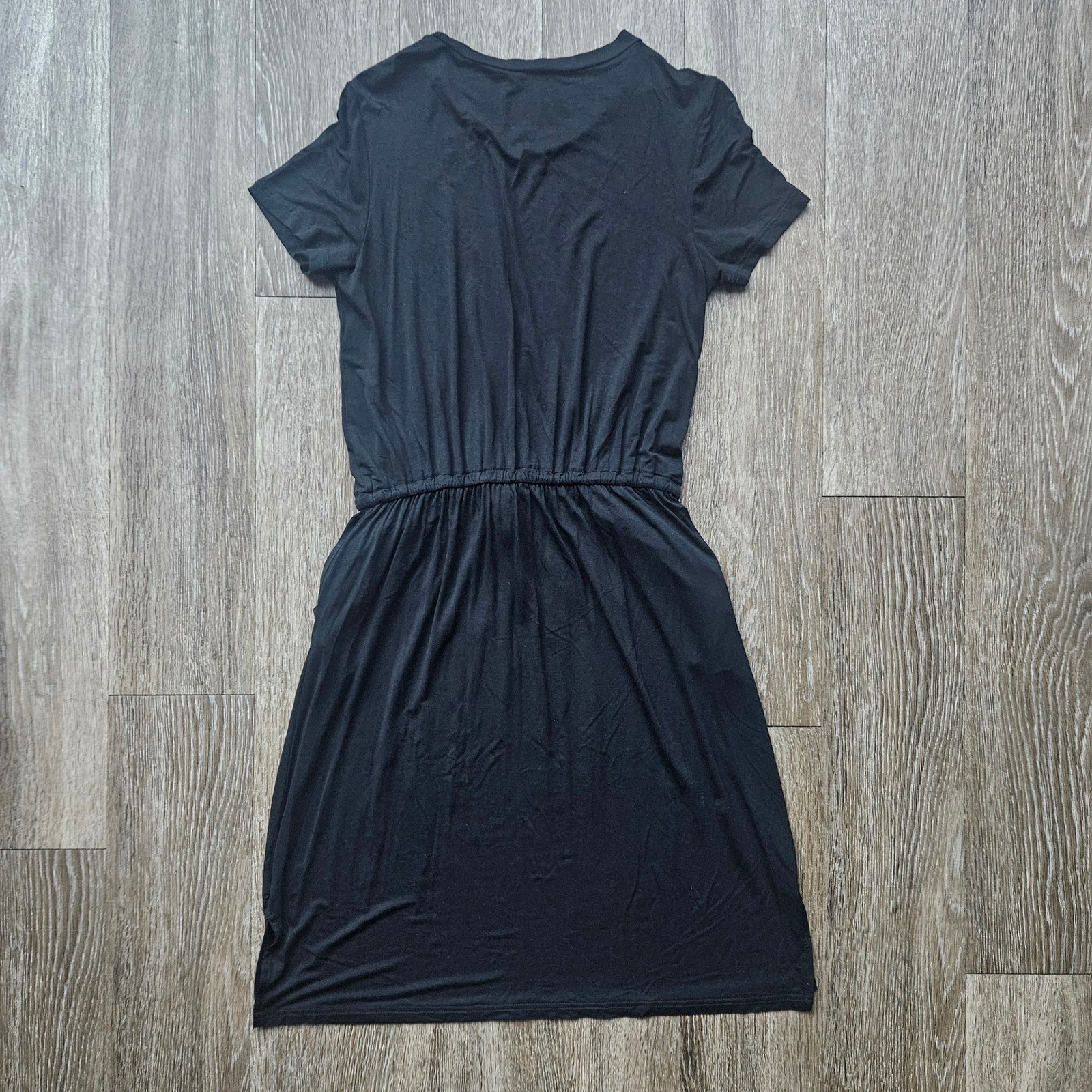 Simier Fariry Black T Shirt Dress Midi Drawstring Waist Pockets Size L