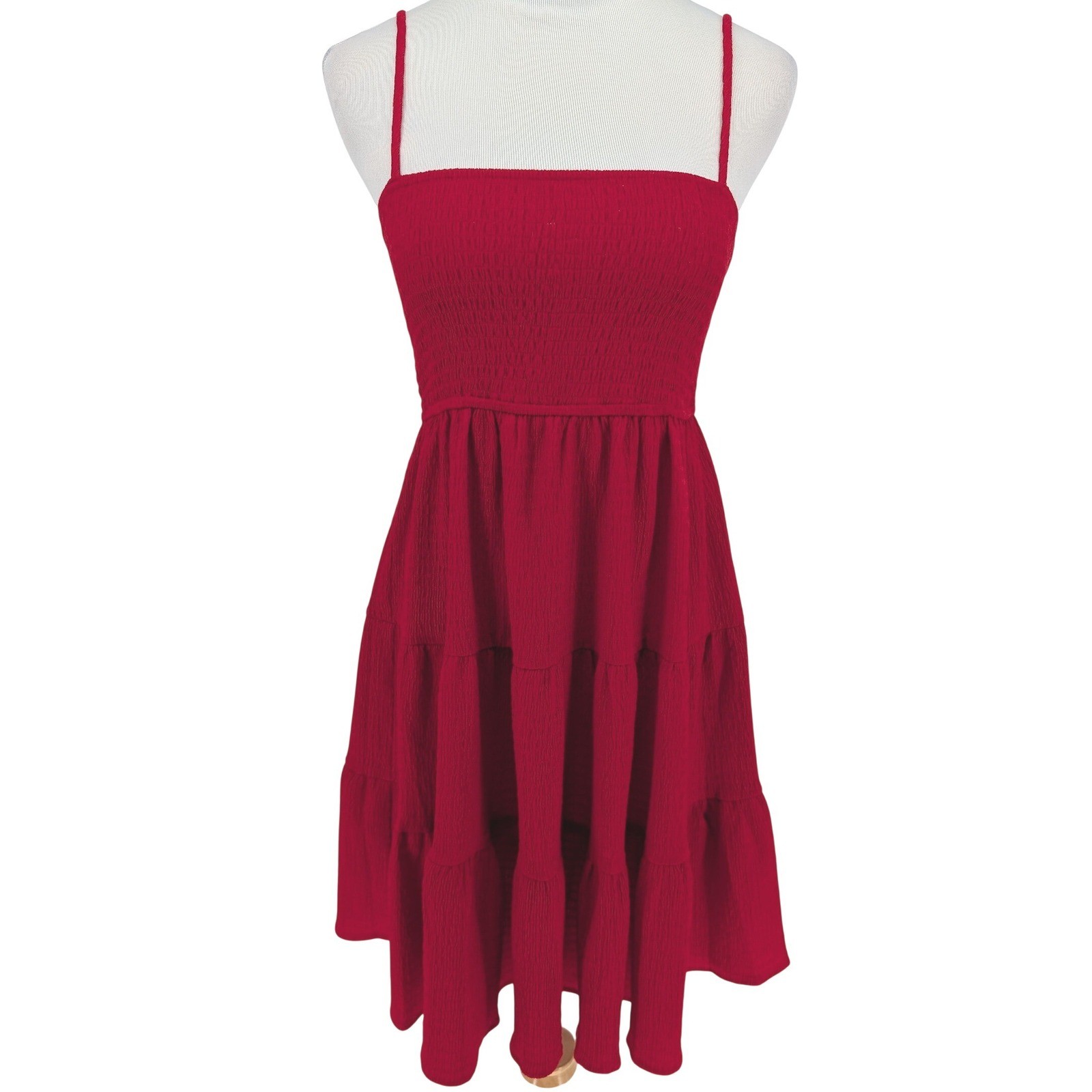 Pinch Smocked Tiered Gauze Mini Dress Womens S Red Sundress Cottage Party Chic