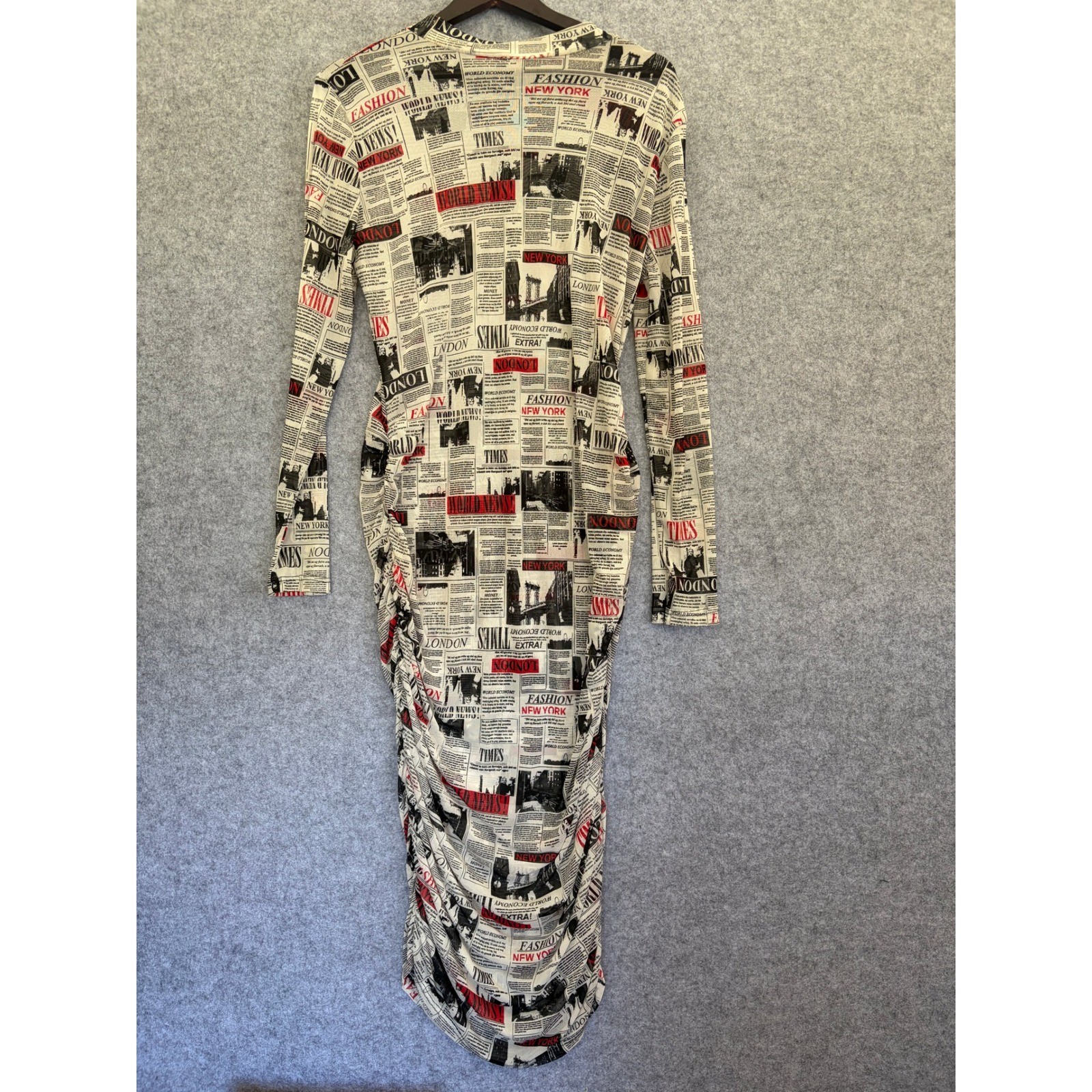 OBJEX Newspaper Print Mesh Ruched Long Sleeve Midi Bodycon Dress Black Red White