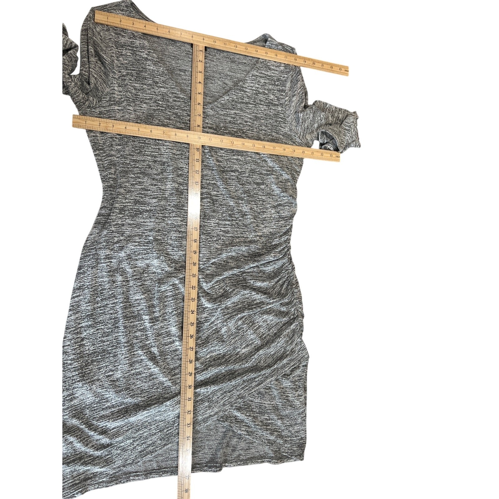 Free Press Heathered Gray Stretch Ruched V-Neck Dress Women’s Size L Easy Travel