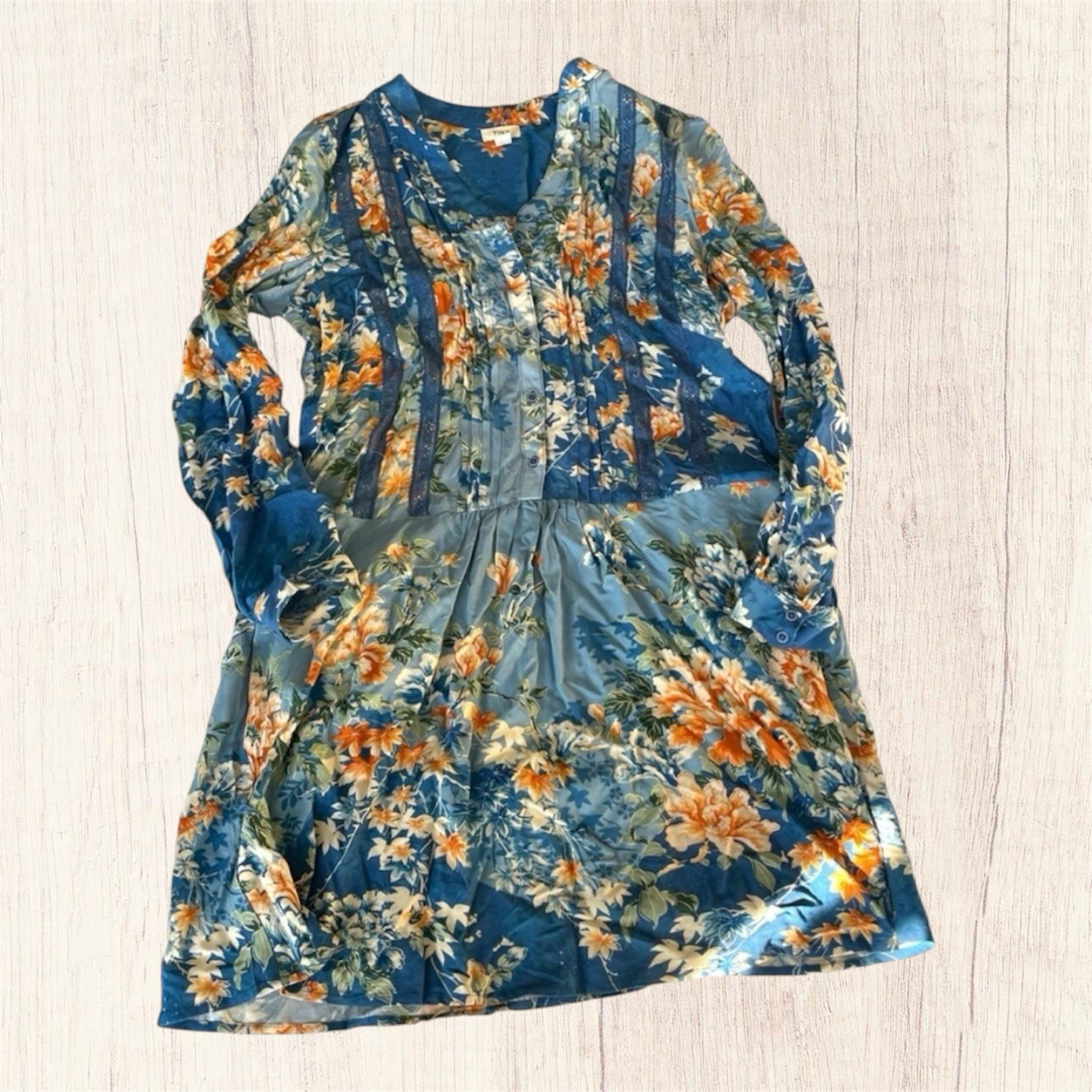 Anthropologie Tiny Gaina Blue & Orange Floral Lace Trim Tunic Shift Dress XS