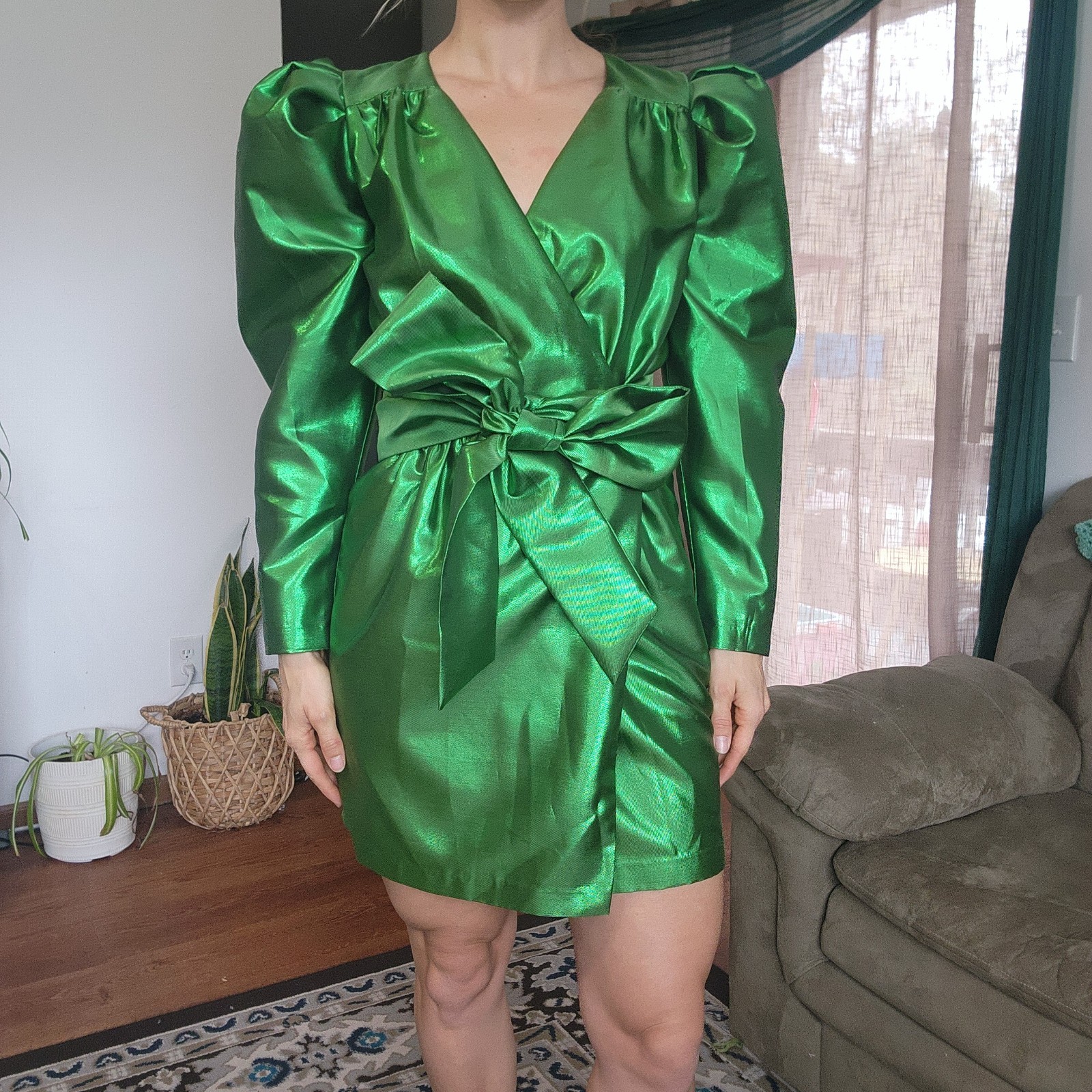 Happy × Nature Kate Hudson Green Metallic Puff Sleeve Mini Dress Size 4