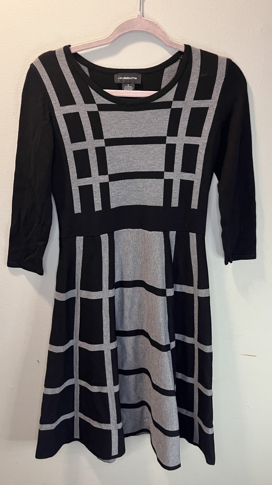 Liz Claiborne Black Gray Windowpane Fit & Flare Knit Dress Small